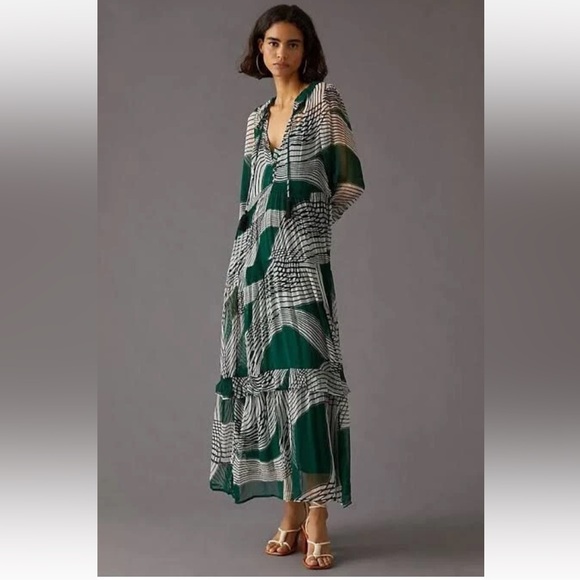 Anthropologie Marais Green Printed Chiffon Maxi Dress Size XS - Picture 2 of 15